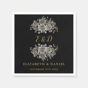 Serviette En Papier Mariage de monogramme Floral de goth d'or noir