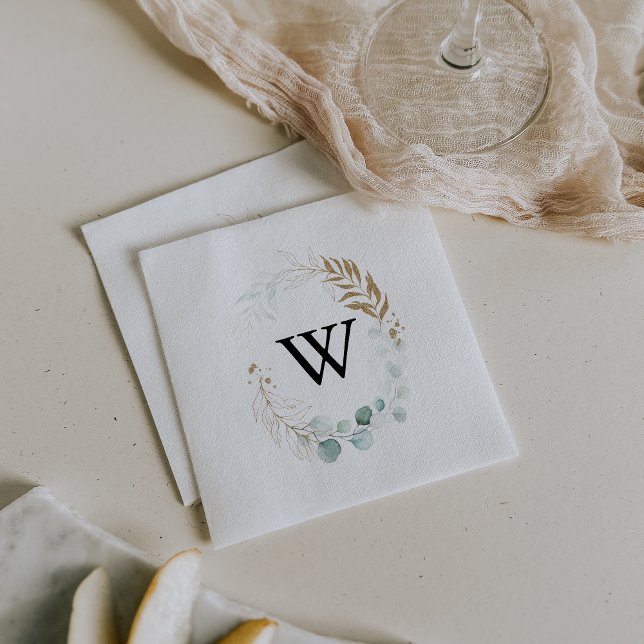 Serviette En Papier Mariage de monogramme floral d'or Eucalyptus rusti (Créateur téléchargé)