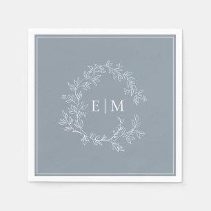 Serviette En Papier Mariage de monogramme moderne Dusty Blue Leafy Cre