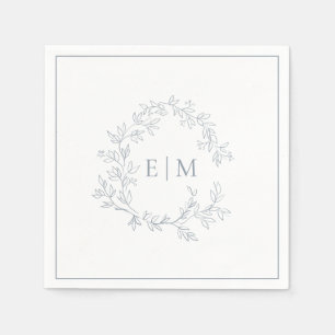 Serviette En Papier Mariage de monogramme moderne Dusty Blue Leafy Cre