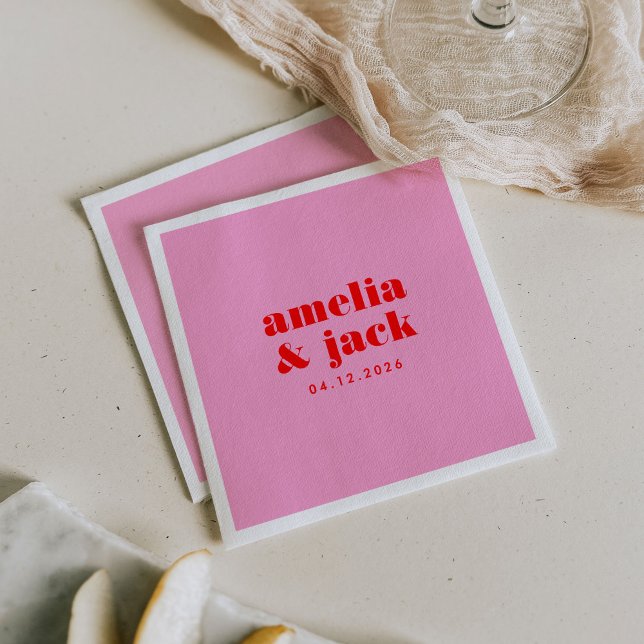 Serviette En Papier Mariage de monogramme moderne rose et rouge brilla (Bright Bold Pink and Red Modern Monogram Wedding Paper Cocktail Napkins)