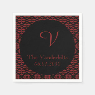 Serviette En Papier Mariage de monogramme rouge et noir Damask