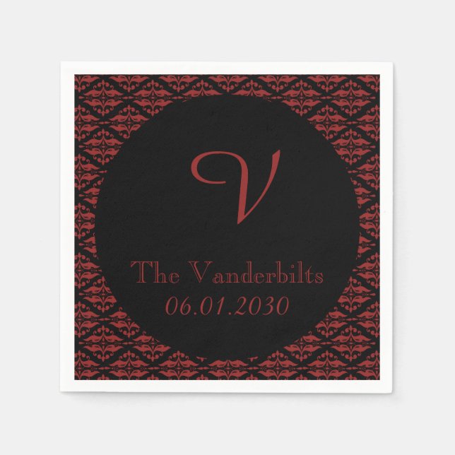 Serviette En Papier Mariage de monogramme rouge et noir Damask (Devant)