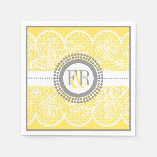 Serviette En Papier Mariage de motif en dentelle jaune blanc (Devant)