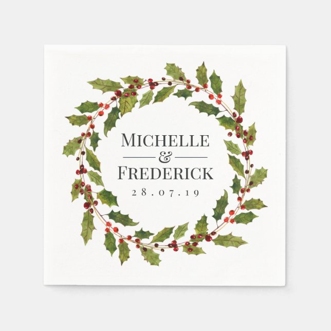 Serviette En Papier Mariage de Noël Fleurs de houx Aquarelle (Devant)