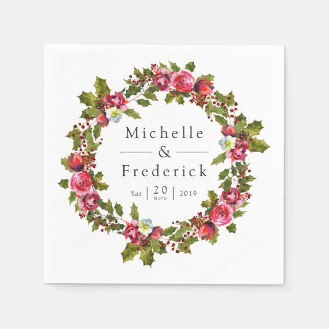Serviette En Papier Mariage de Noël Floral Holly Aquarelle (Devant)