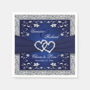Serviette En Papier Mariage de papier floral bleu marine, gris argenté