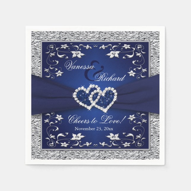 Serviette En Papier Mariage de papier floral bleu marine, gris argenté (Devant)