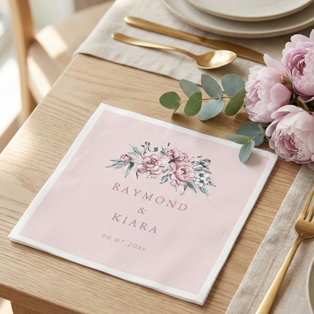 Serviette En Papier Mariage de pivoine rose pâle et doux (dusty pink peony personalized wedding napkin
)