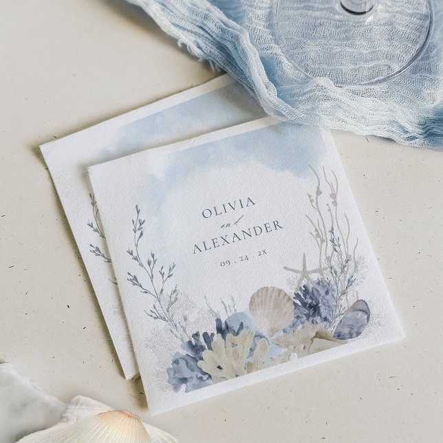 Serviette En Papier Mariage de plage bohème aquarelle coraux coquillag (Créateur téléchargé)
