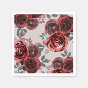 Serviette En Papier Mariage de roses aquarelles taupe bordeaux et verd