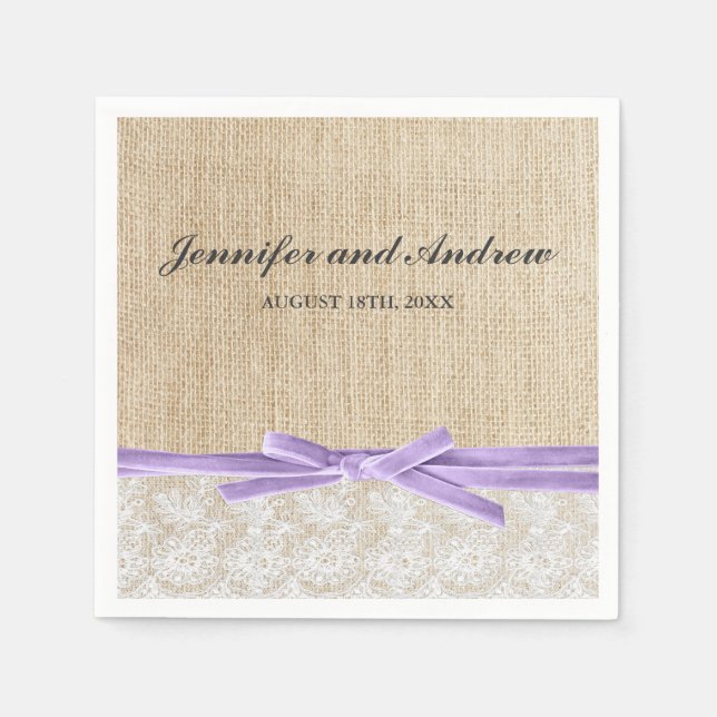 Serviette En Papier Mariage de ruban à dentelle de Burlap rustique (Devant)