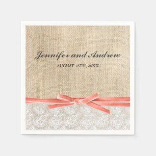 Serviette En Papier Mariage de ruban de corail en dentelle de Burlap r