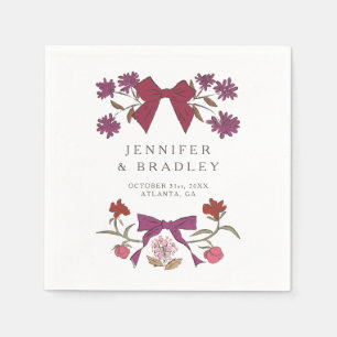 Serviette En Papier Mariage de rubans et fleurs Magenta Boho