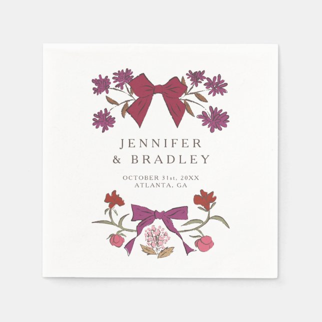 Serviette En Papier Mariage de rubans et fleurs Magenta Boho (Devant)