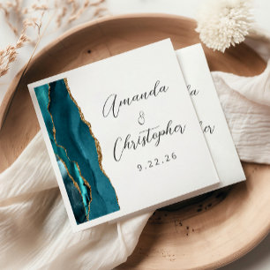 Serviette En Papier Mariage de script Agate Turquoise Blue Gold