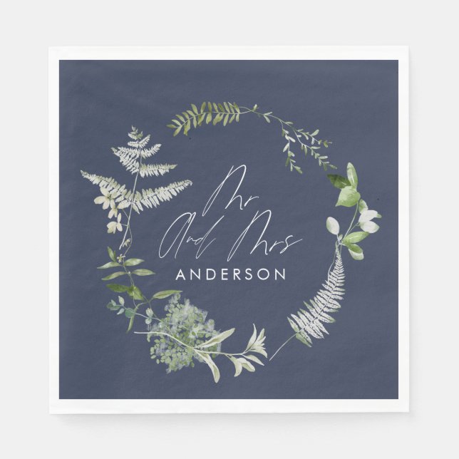 Serviette En Papier Mariage de script botanique moderne bleu marine (Devant)