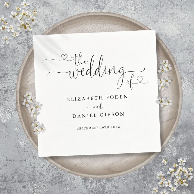 Serviette En Papier Mariage De Script Coeur Noir Et Blanc (Black And White Heart Script Wedding Napkins)