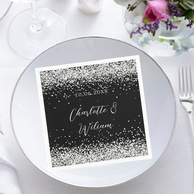 Serviette En Papier Mariage de script de confetti en argent noir (Créateur téléchargé)
