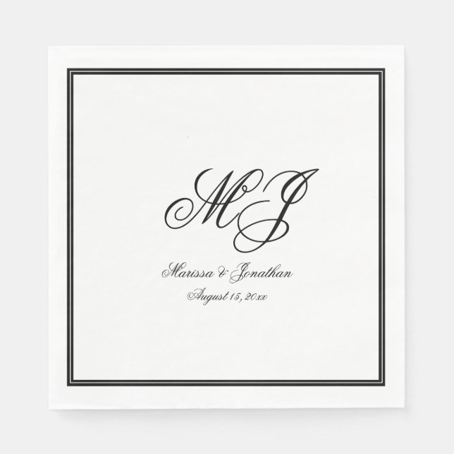 Serviette En Papier Mariage de script de monogramme noir blanc élégant (Devant)