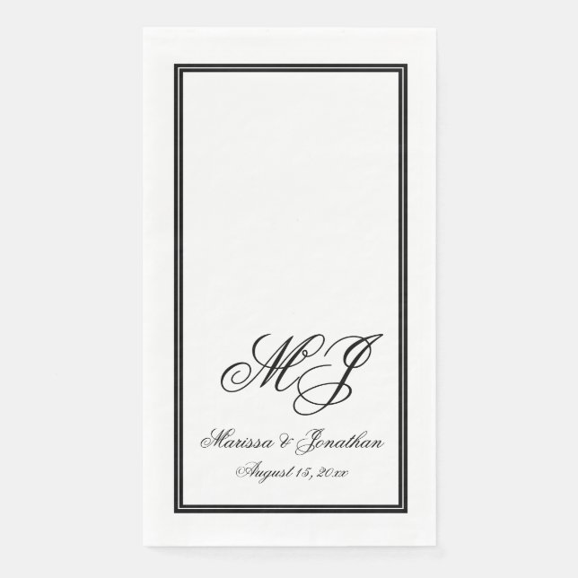 Serviette En Papier Mariage de script de monogramme noir blanc élégant (Devant)