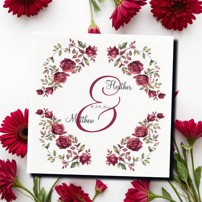 Serviette En Papier Mariage de script moderne floral de Bourgogne (Créateur téléchargé)