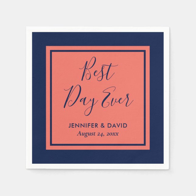 Serviette En Papier Mariage de script moderne marine bleu et corail (Devant)