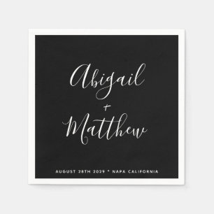 Serviette En Papier Mariage de script moderne minimaliste noir et blan