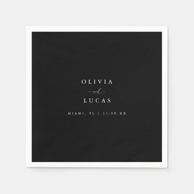 Serviette En Papier Mariage de script noir et blanc moderne (Devant)