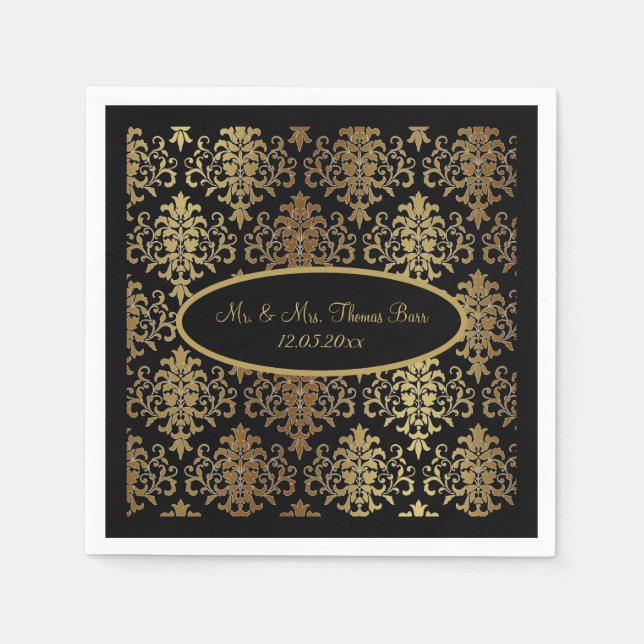 Serviette En Papier Mariage de script noir Gold Damask (Devant)