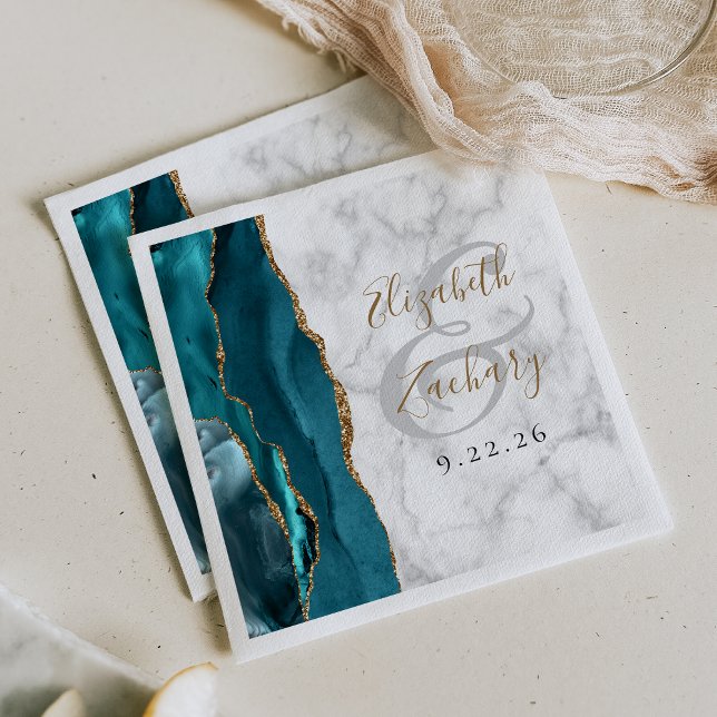 Serviette En Papier Mariage de script or en marbre d'Agate turquoise (Créateur téléchargé)