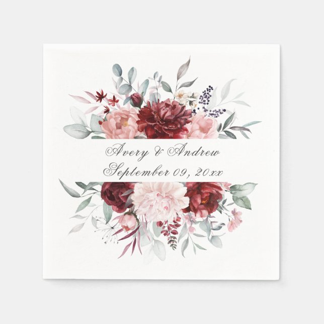 Serviette En Papier Mariage de script personnalisé rose bordeaux servi (Devant)