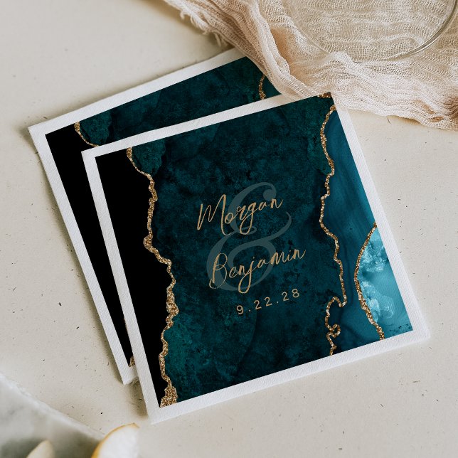 Serviette En Papier Mariage de script turquoise Blue Agate Gold (Créateur téléchargé)