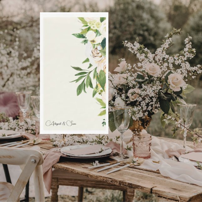 Serviette En Papier Mariage de scripts floraux à la crème élégante (Créateur téléchargé)