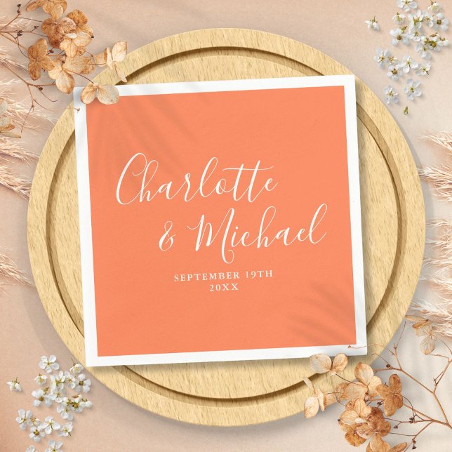 Serviette En Papier Mariage de style élégant corail Script Signature (Coral Elegant Signature Script Wedding Napkins)