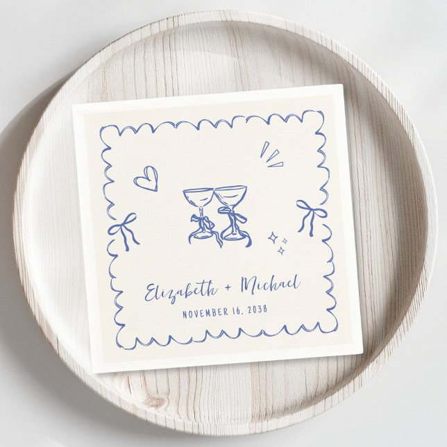 Serviette En Papier Mariage de trame Wavy Crème Bleue Whimsical (Créateur téléchargé)
