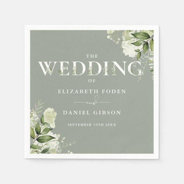 Serviette En Papier Mariage de typographie florale de verdure sage (Devant)