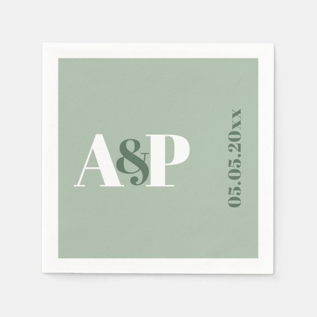 Serviette En Papier Mariage de typographie Monogramme Vert Sage Simple (Devant)