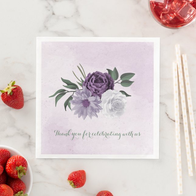 Serviette En Papier mariage de verdure fleurie violette et blanche (En situation)
