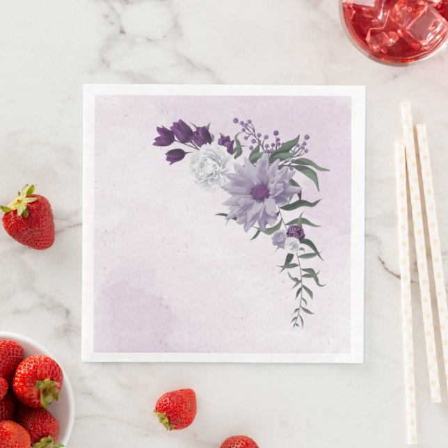 Serviette En Papier mariage de verdure fleurie violette et blanche (En situation)