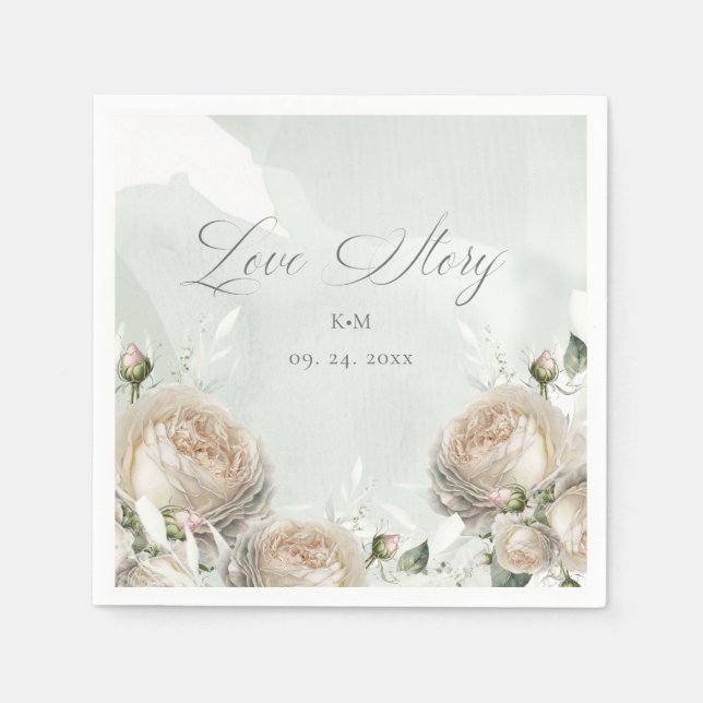 Serviette En Papier Mariage de verdure sage et rose blanche (Devant)