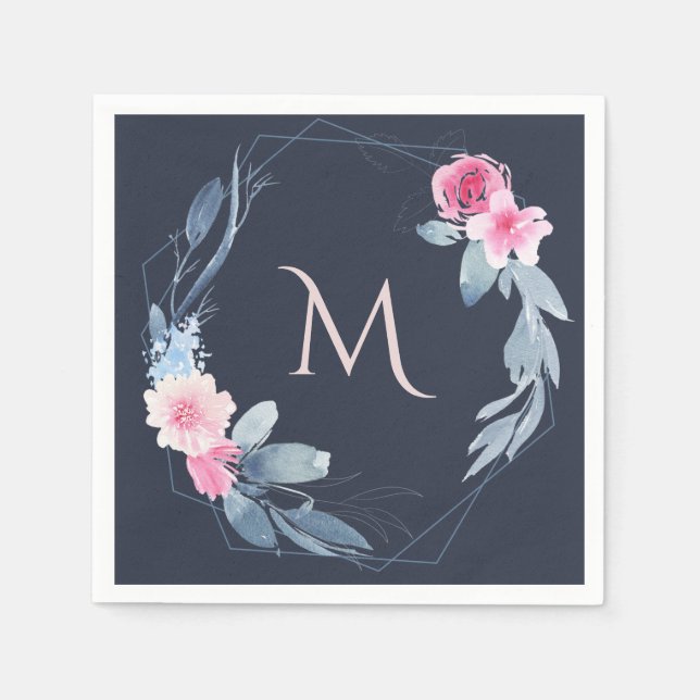 SERVIETTE EN PAPIER MARIAGE DE VERRE DE MONOGRAMME FLEURIE BLEUE MARIN (Devant)