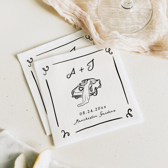 Serviette En Papier Mariage de voiture Vintage tiré à la main (Créateur téléchargé)