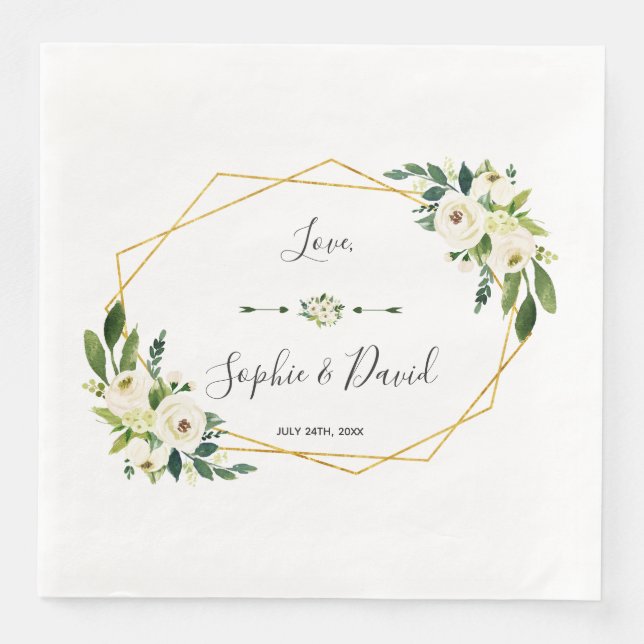 Serviette En Papier Mariage d'écriture moderne florale blanche (Devant)