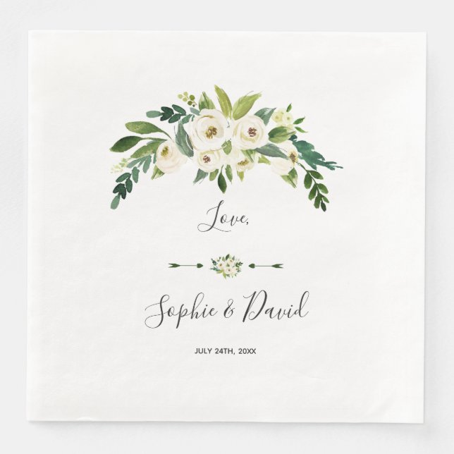 Serviette En Papier Mariage d'écriture moderne florale blanche (Devant)