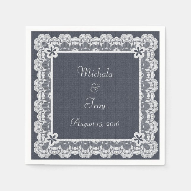Serviette En Papier Mariage Dentelle Cadre bleu Denim (Devant)