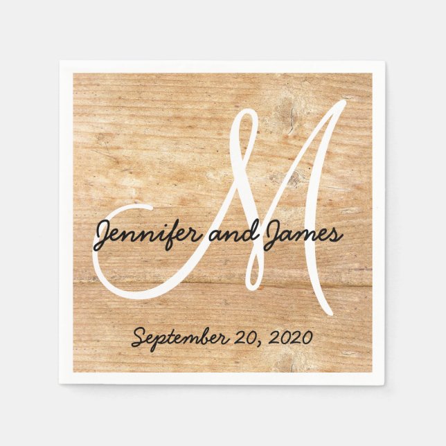 Serviette En Papier Mariage des noms de monogramme rustique bois (Devant)