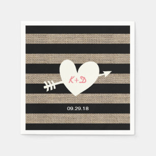 Serviette En Papier Mariage des rayures de Burlap du coeur et de la fl