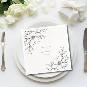 Serviette En Papier Mariage Dessin Au Trait Floral Noir Et Blanc Moder