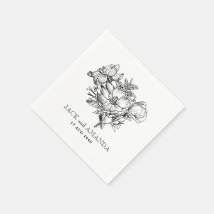 Serviette En Papier Mariage Dessin Floral Noir et Blanc Classique